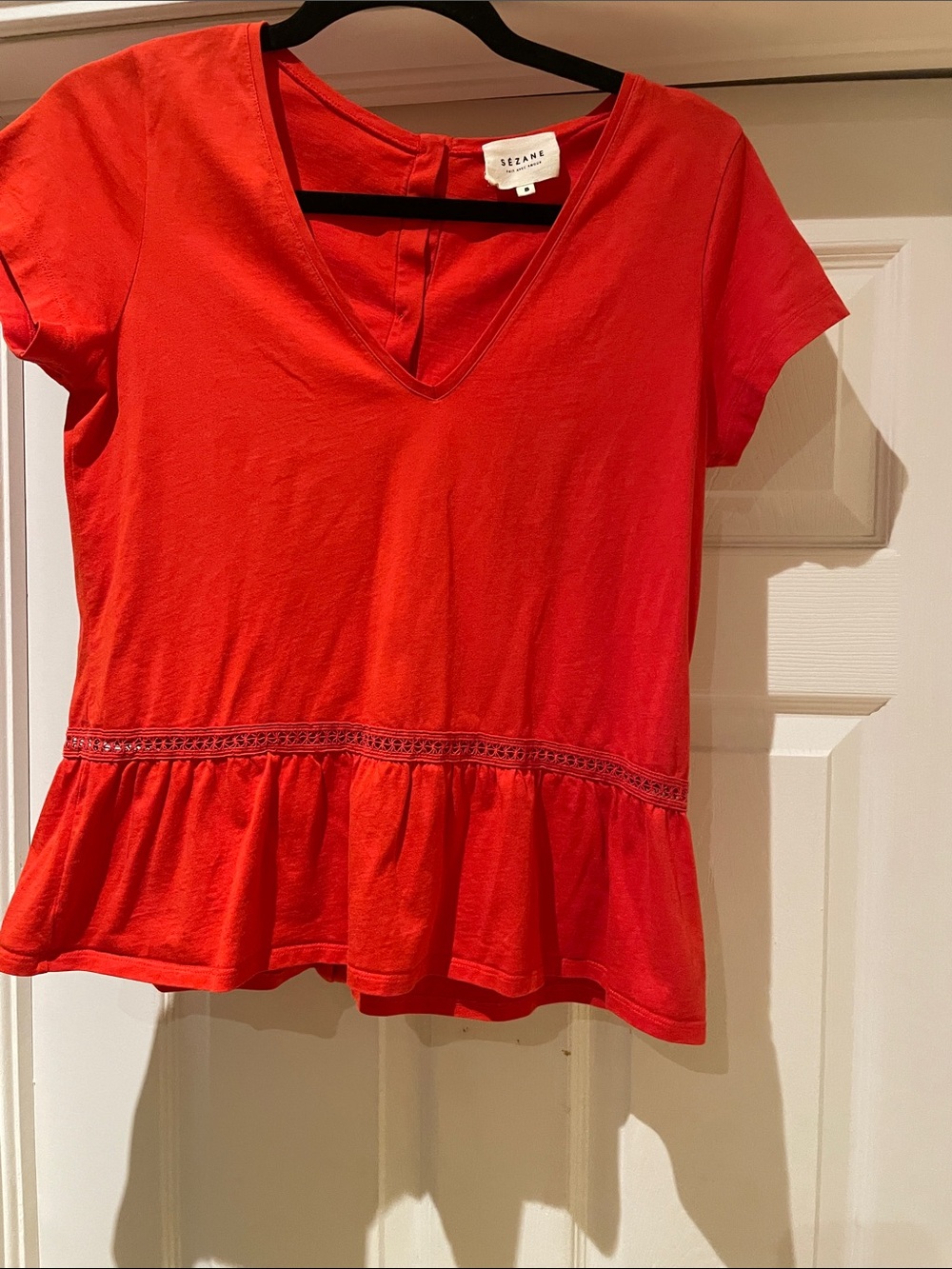 Sezane 100% Cotton Red V-Neck Peplum Button Back Top French Romantic S